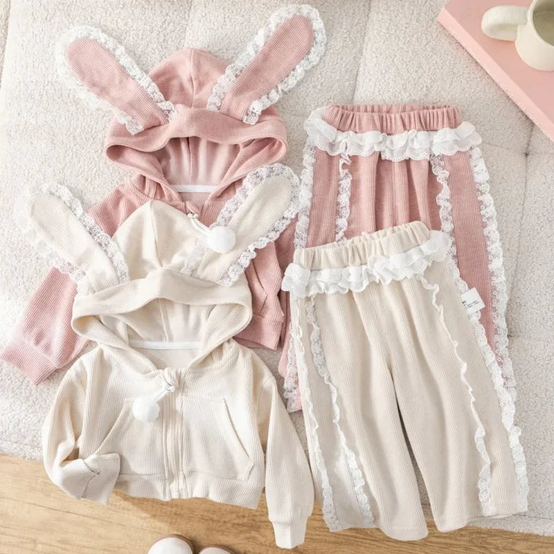 Girls Kids Clothing Suits Autumn New Girl Baby Sportswear Long Ears Lace Overcoats Pants Outfits Fashion Cute Children Coat Sets-World Bazaar Life