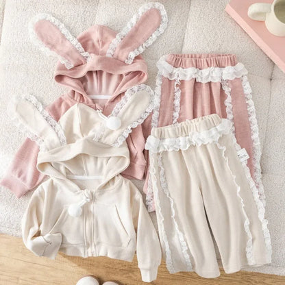 Girls Kids Clothing Suits Autumn New Girl Baby Sportswear Long Ears Lace Overcoats Pants Outfits Fashion Cute Children Coat Sets-World Bazaar Life
