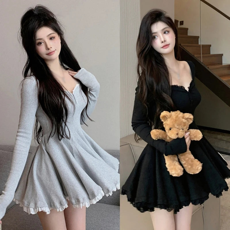 Women Sexy Korean Dress French Style Waist Closed Long Sleeve Collarbone Exposed Sweet-World Bazaar Life