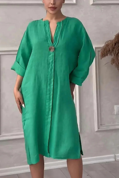 2024 Summer Elegant Cotton Hemp V-Neck Dress – Casual Mid-Length Style