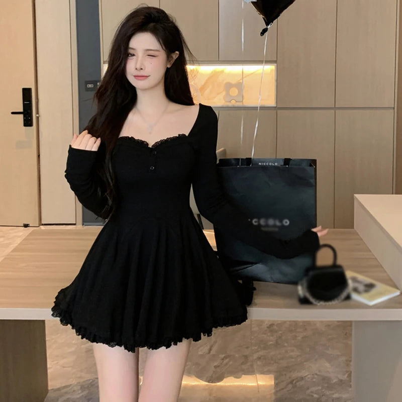 Women Sexy Korean Dress French Style Waist Closed Long Sleeve Collarbone Exposed Sweet-World Bazaar Life