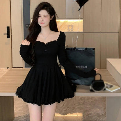 Women Sexy Korean Dress French Style Waist Closed Long Sleeve Collarbone Exposed Sweet-World Bazaar Life
