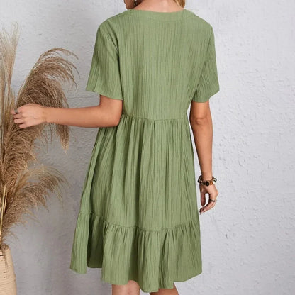 Women Summer Peplum Dresses Spring V-Neck Short Sleeve Loose Waist Ruffle Fit Flare Vocation Dresses-World Bazaar Life