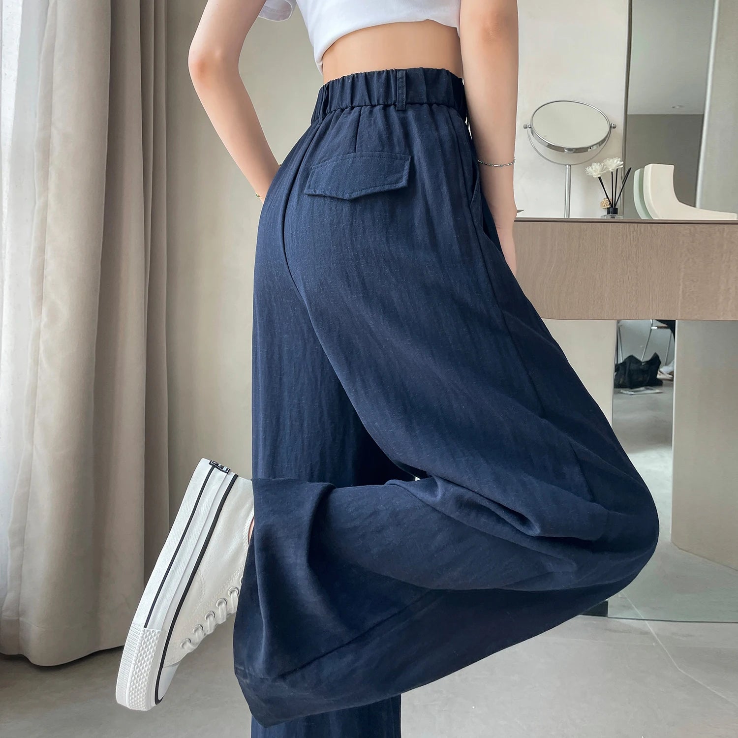 Cotton and Linen Women's Wide Leg Full Pants High Waist Summer Female Elegant Minimalism Straight Loose Trousers 2024 Autumn - World Bazaar Life