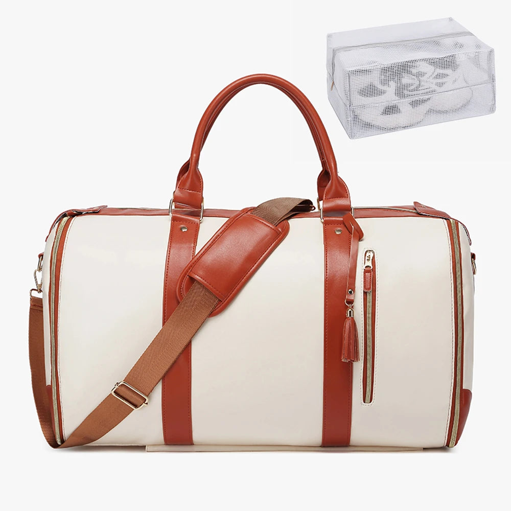 55L Large Capacity Waterproof PU Leather Travel Garment Bag with Shoe Pouch, 2-in-1 Carry-On Suit Duffle Bag - World Bazaar Life