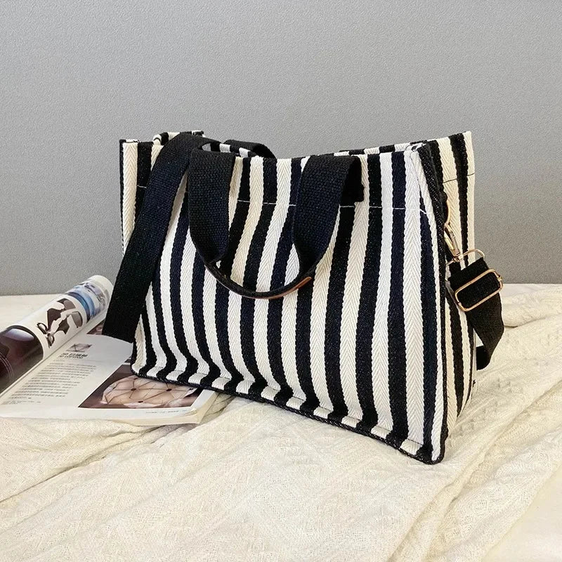 Hot Sale Of The Season New Commuter Large Capacity Trendy Striped Canvas Casual Fashionable Women's Tote Crossbody Bag Soft Nylo-World Bazaar Life