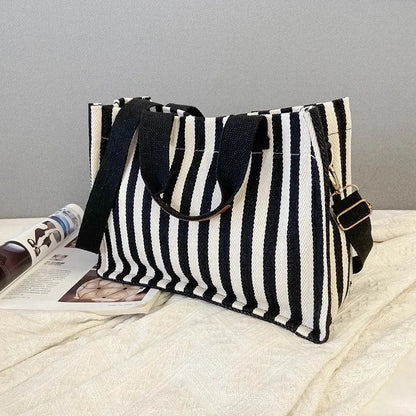 Hot Sale Of The Season New Commuter Large Capacity Trendy Striped Canvas Casual Fashionable Women's Tote Crossbody Bag Soft Nylo-World Bazaar Life