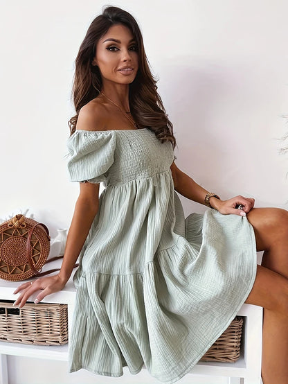 2025 Spring Summer Women's Casual Off-Shoulder Dress with Ruching, Bubble Sleeves, Midi-Length, Stretchy, Elegant Ruffles