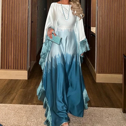 Fashion O-neck Tassels Patchwork Robe Dress Elegant Gradient Print Loose Long Dress Women's Casual Batwing Sleeve Party Dresses