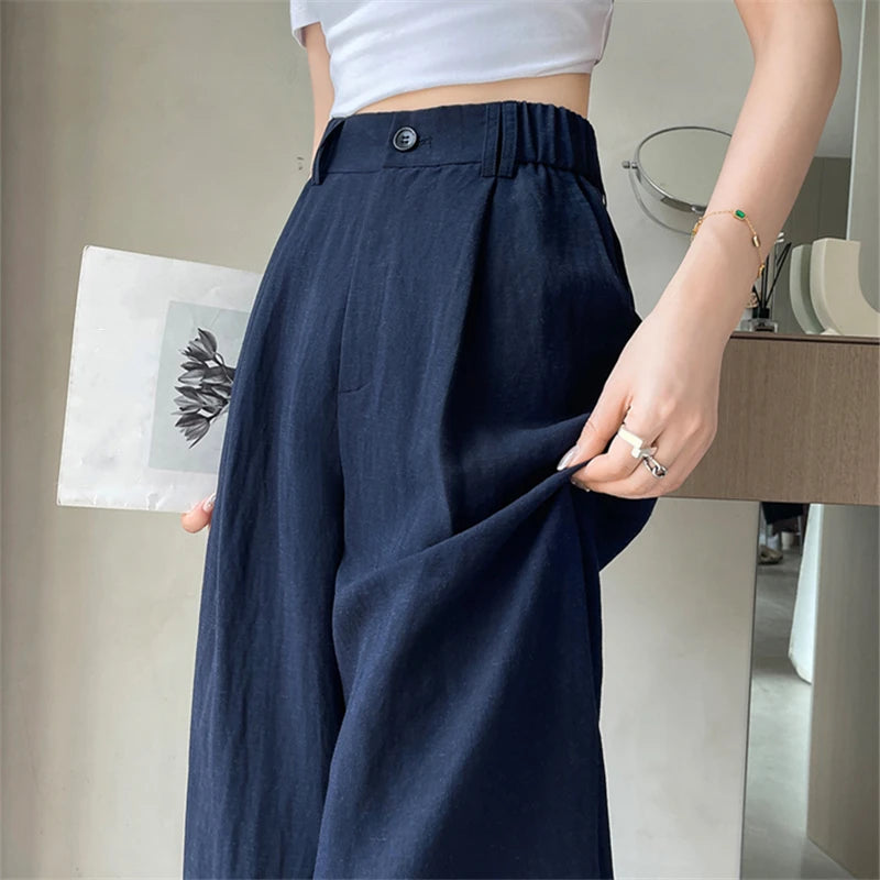 Cotton and Linen Women's Wide Leg Full Pants High Waist Summer Female Elegant Minimalism Straight Loose Trousers 2024 Autumn - World Bazaar Life