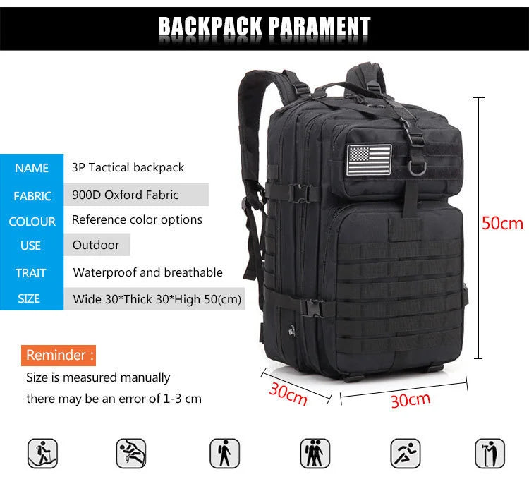 QT&QY 50L Man Tactical Backpacks Survival Traveling Bags Hking Outdoor 3P Assault Pack EDC Molle Pack For Trekking Hunting Bag - World Bazaar Life