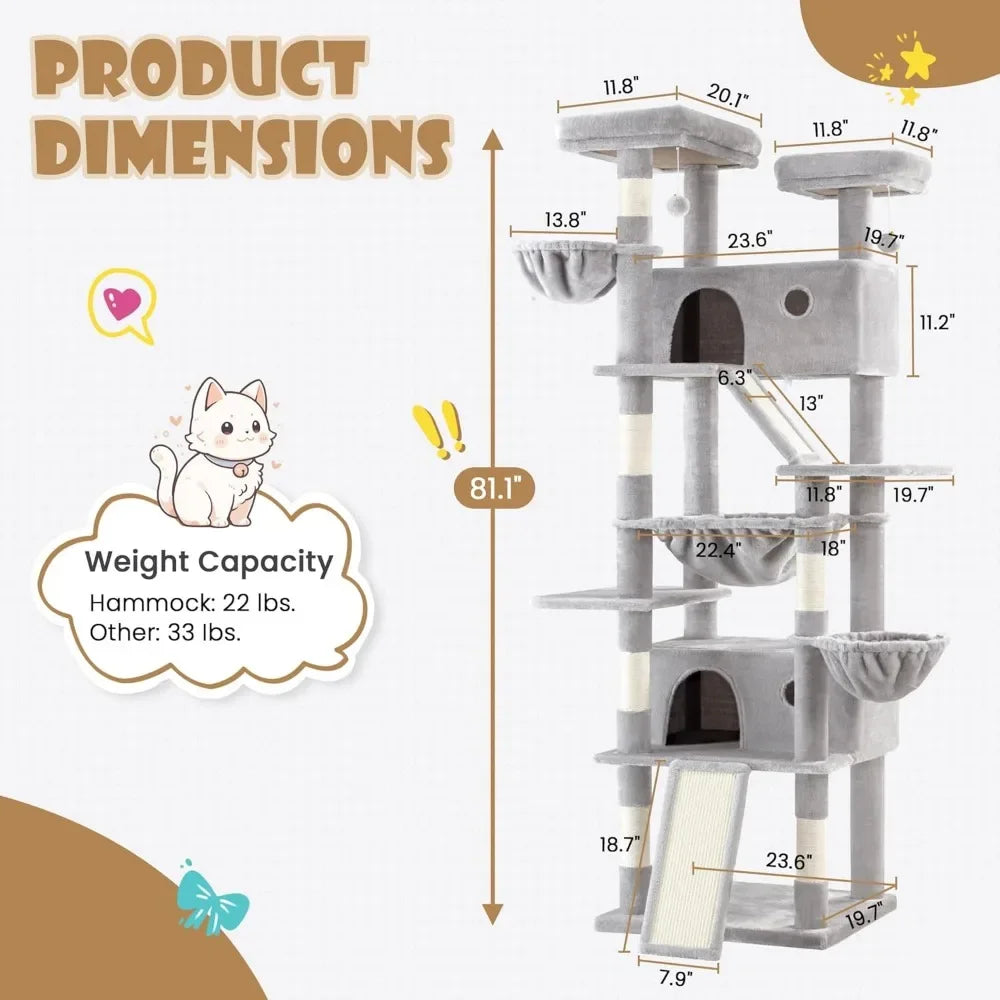 81in Multi-Level Tall Cat Tree Tower with Hammock & Perches for Kitties - World Bazaar Life