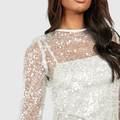 Women's Elegant White Sequins Mini Dress Fashion Crisscross Lace-up Backless Long Sleeve Evening Party Cocktail Dress 2024