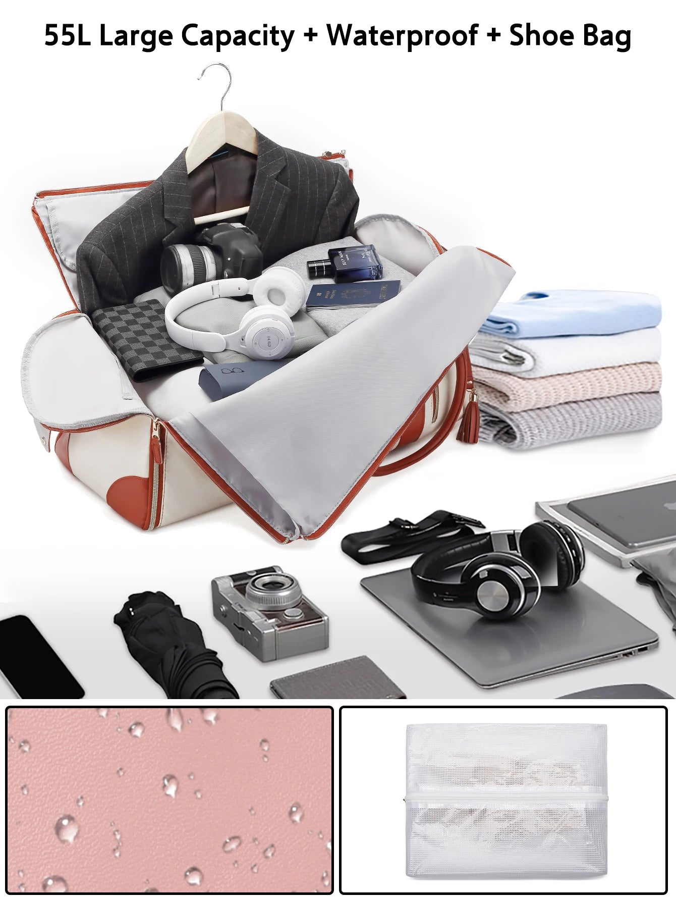 55L Large Capacity Waterproof PU Leather Travel Garment Bag with Shoe Pouch, 2-in-1 Carry-On Suit Duffle Bag - World Bazaar Life
