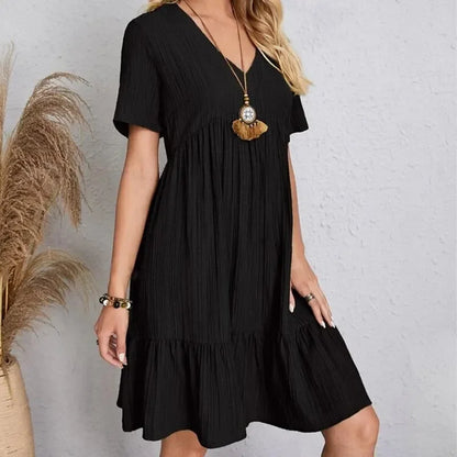 Women Summer Peplum Dresses Spring V-Neck Short Sleeve Loose Waist Ruffle Fit Flare Vocation Dresses-World Bazaar Life