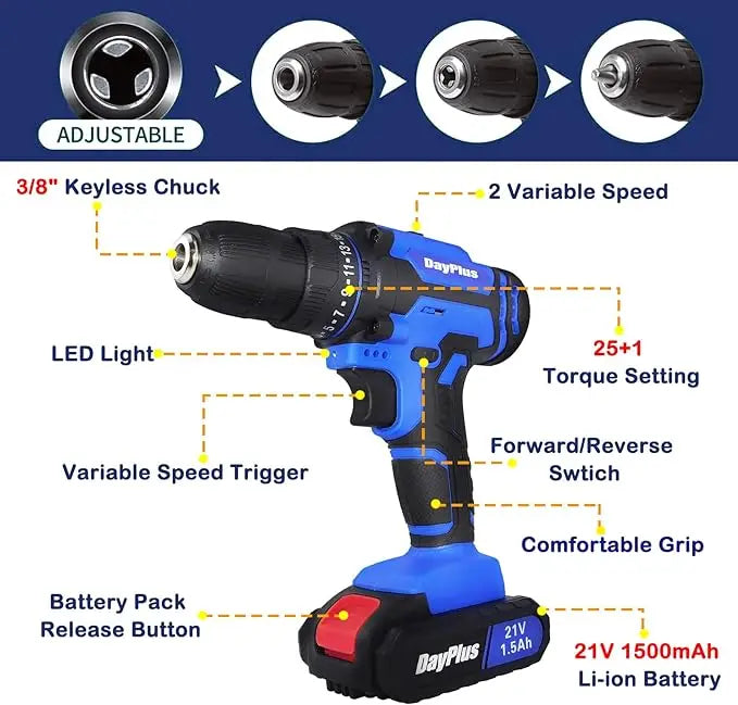 21V Electric Drill Driver Kit with Battery, Charger & 26 Bits for DIY - World Bazaar Life