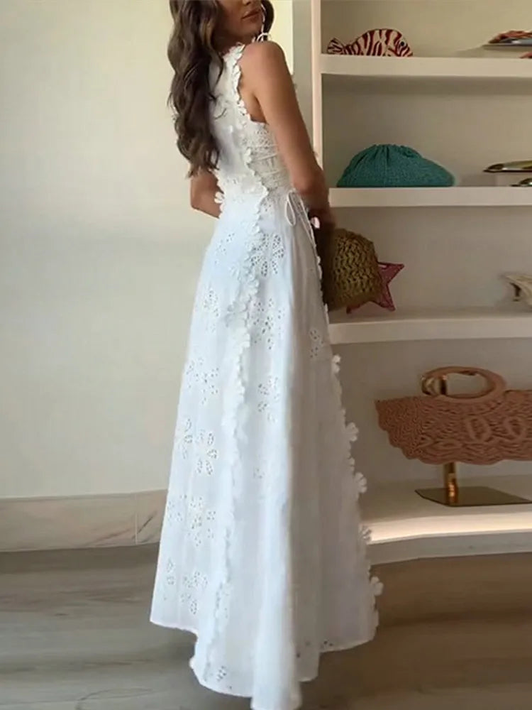 Embroidery Flower Patchwork Long Dress For Women Round Neck Sleeveless Lace Up High Waist Spliced Slim Dresses 2025 Summer New