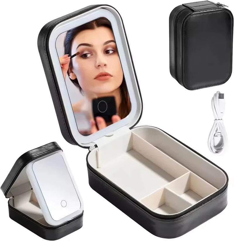 Rechargeable LED Makeup Mirror, Portable Travel Cosmetic Storage Box, Travel Makeup Case with 3-Color Adjustable Light Mirror.-World Bazaar Life