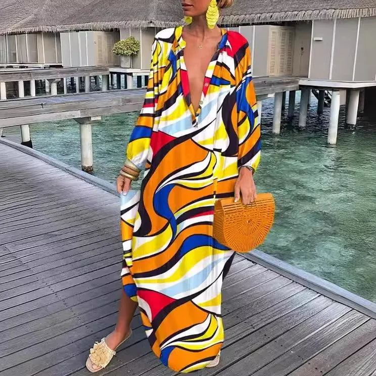 Women Sexy Deep V-Neck Maxi Dresses Autumn Bohemian Lantern Sleeve Printe Long Dress Female Vintage Holiday Beach Cover Up Robe-World Bazaar Life