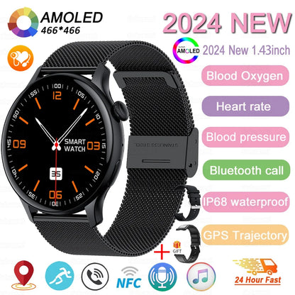 2024 New GPS Smart Watch Women True AMOLED 466*466 HD Screen Health Tracker Sports NFC Voice Bluetooth Call Smartwatches Ladies