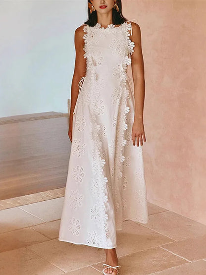 Embroidery Flower Patchwork Long Dress For Women Round Neck Sleeveless Lace Up High Waist Spliced Slim Dresses 2025 Summer New