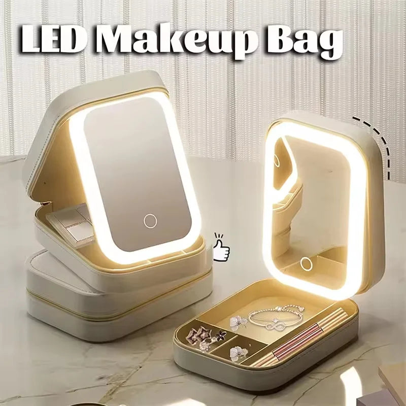 Rechargeable LED Makeup Mirror, Portable Travel Cosmetic Storage Box, Travel Makeup Case with 3-Color Adjustable Light Mirror.-World Bazaar Life