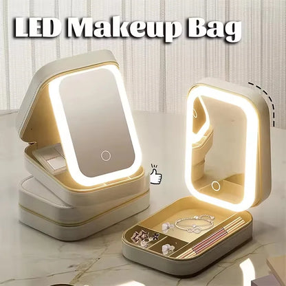 Rechargeable LED Makeup Mirror, Portable Travel Cosmetic Storage Box, Travel Makeup Case with 3-Color Adjustable Light Mirror.-World Bazaar Life