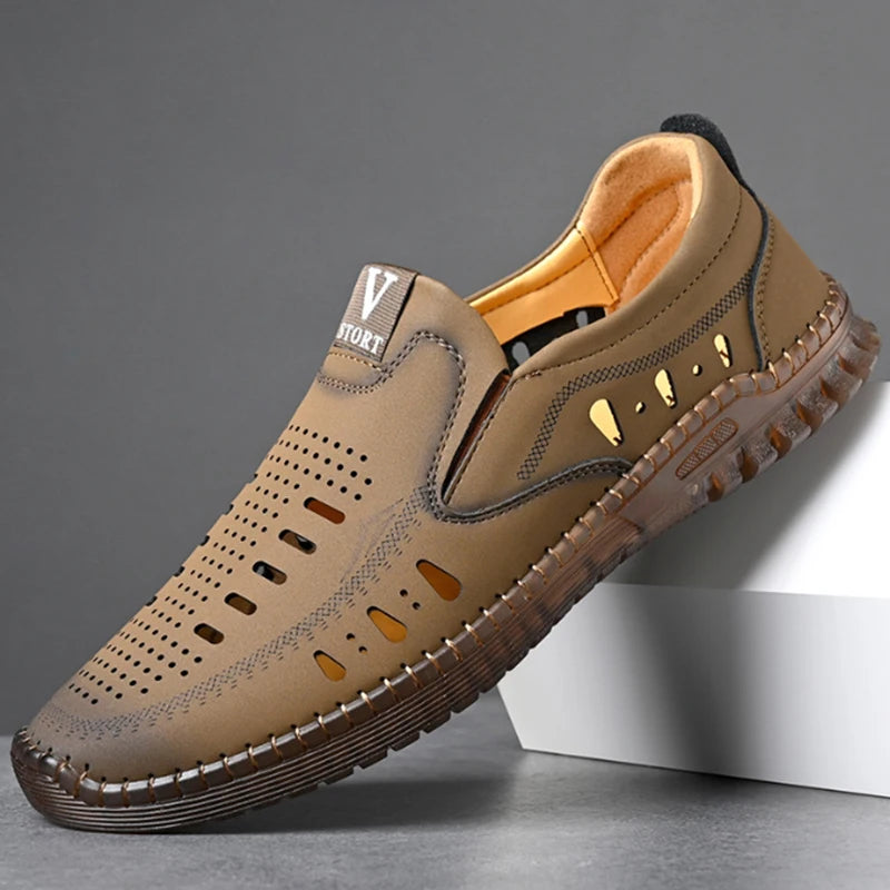 Leather Men's Shoes Thick Soles Breathable Hollow Out Casual Shoes Outdoor Men's Sports Shoes Loafers Shoes Slip On - World Bazaar Life
