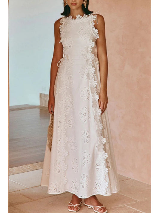 Summer Lace Hook Flower Hollow White Dress Women Chic O-neck Sleeveless Lace-up Midi Dress Ladies Elegant Vacation Party Dress