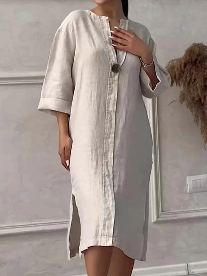 2024 Summer Elegant Cotton Hemp V-Neck Dress – Casual Mid-Length Style