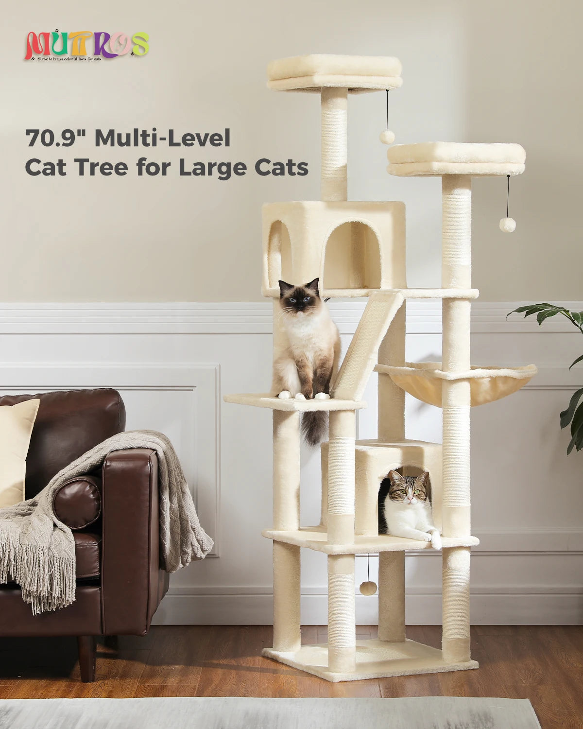 Tall Multi-Level Cat Tree Tower with Scratching Posts & Caves - World Bazaar Life
