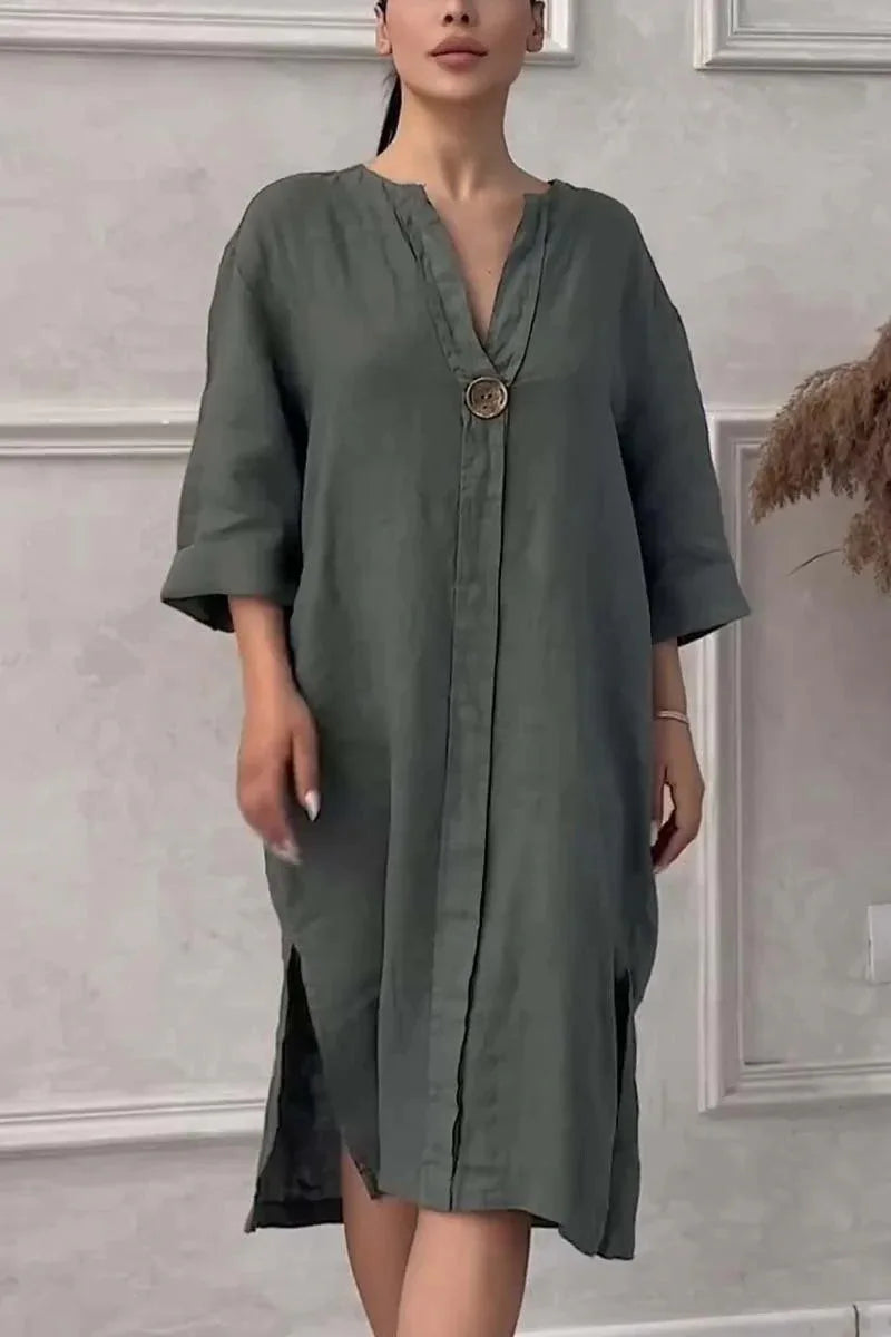 2024 Summer Elegant Cotton Hemp V-Neck Dress – Casual Mid-Length Style