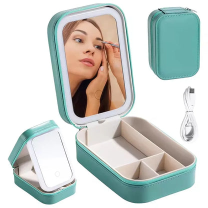 Rechargeable LED Makeup Mirror, Portable Travel Cosmetic Storage Box, Travel Makeup Case with 3-Color Adjustable Light Mirror.-World Bazaar Life
