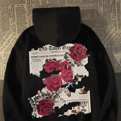 Hoodie Men Graphic Vivid Rose Print Cotton Hoodies American Retro Personality Streetwear Casual Hooded Sweatshirt Men's Clothing