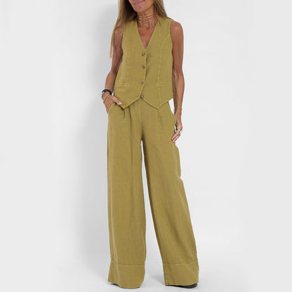 Summer Vest Suits V-neck Botton Sleeveless Top And Loose Straight Trousers Casual Womens Clothing-World Bazaar Life