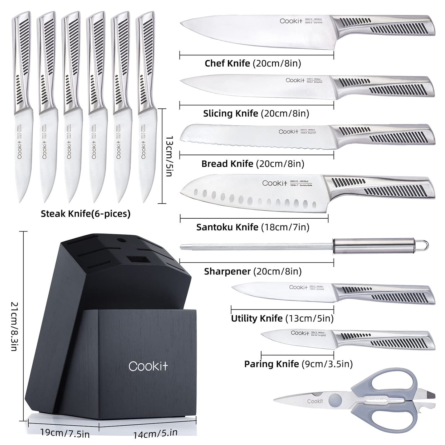 15-Piece German Steel Kitchen Knife Set with Block & Scissors
