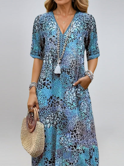 Women's Ethnic Print V-Neck Summer Dress with Pockets – Holiday Wear