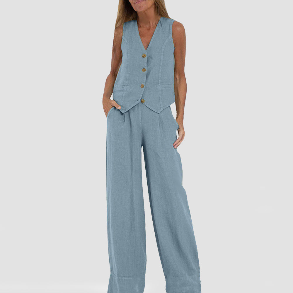 Summer Vest Suits V-neck Botton Sleeveless Top And Loose Straight Trousers Casual Womens Clothing-World Bazaar Life
