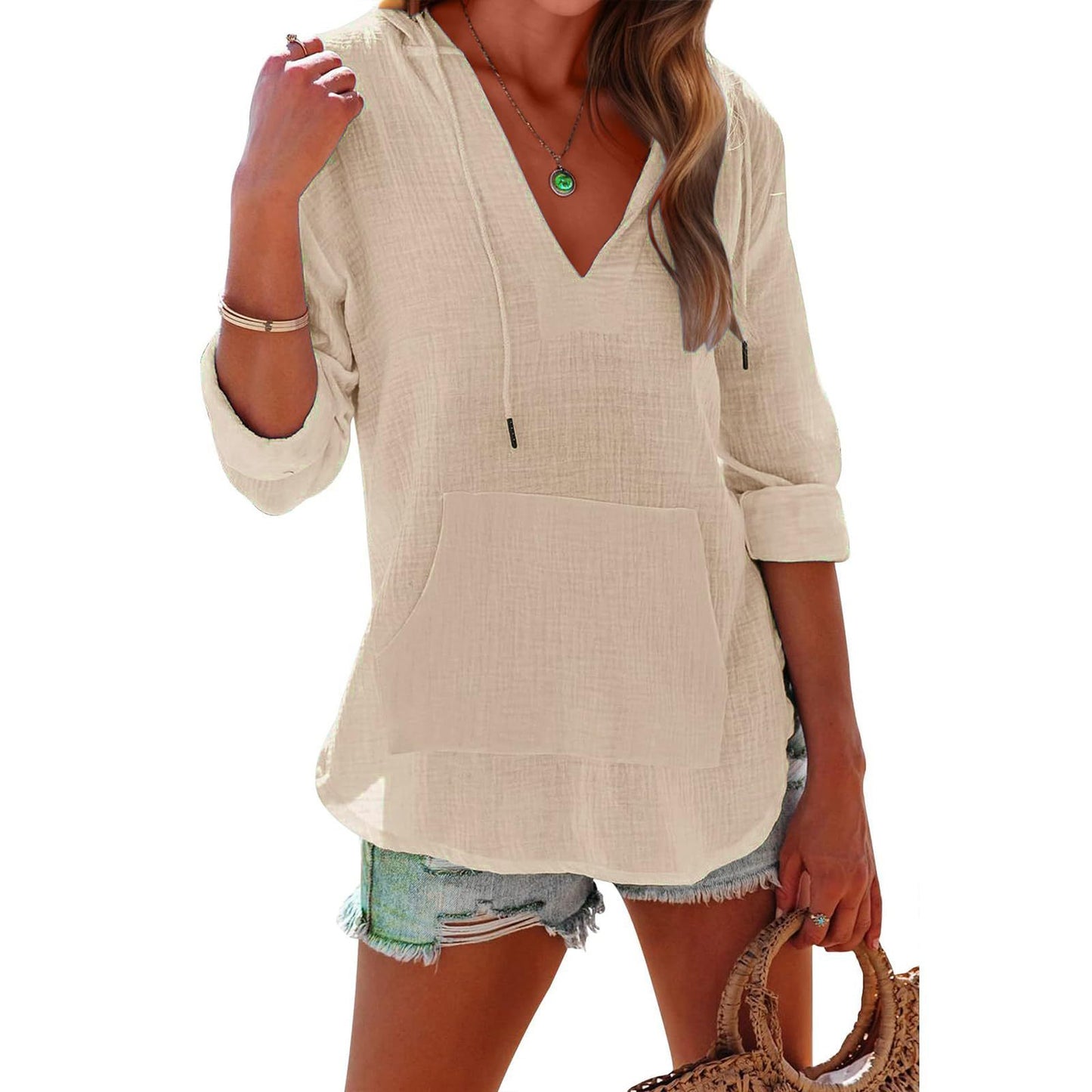 Women's V-Neck Hooded Sport Top with Pockets & Side Split