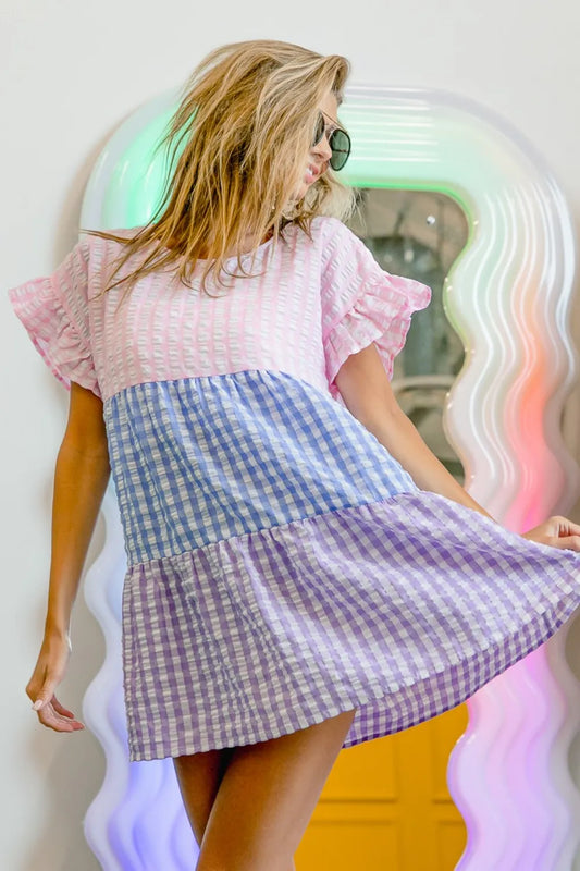 BiBi Plaid Color Block Tiered Top.