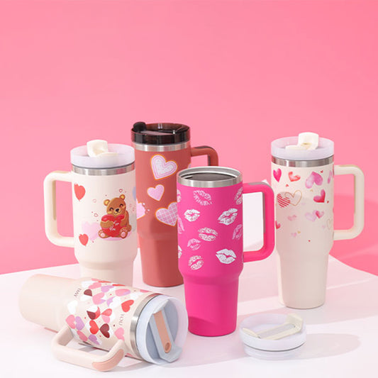 40 Oz Tumbler With Handle Straw Insulated, Stainless Steel Spill Proof Vacuum Coffee Cup Tumbler With Lid Tapered Mug Gifts For Valentine Lover Suitable For Car Gym Office Travel-World Bazaar Life