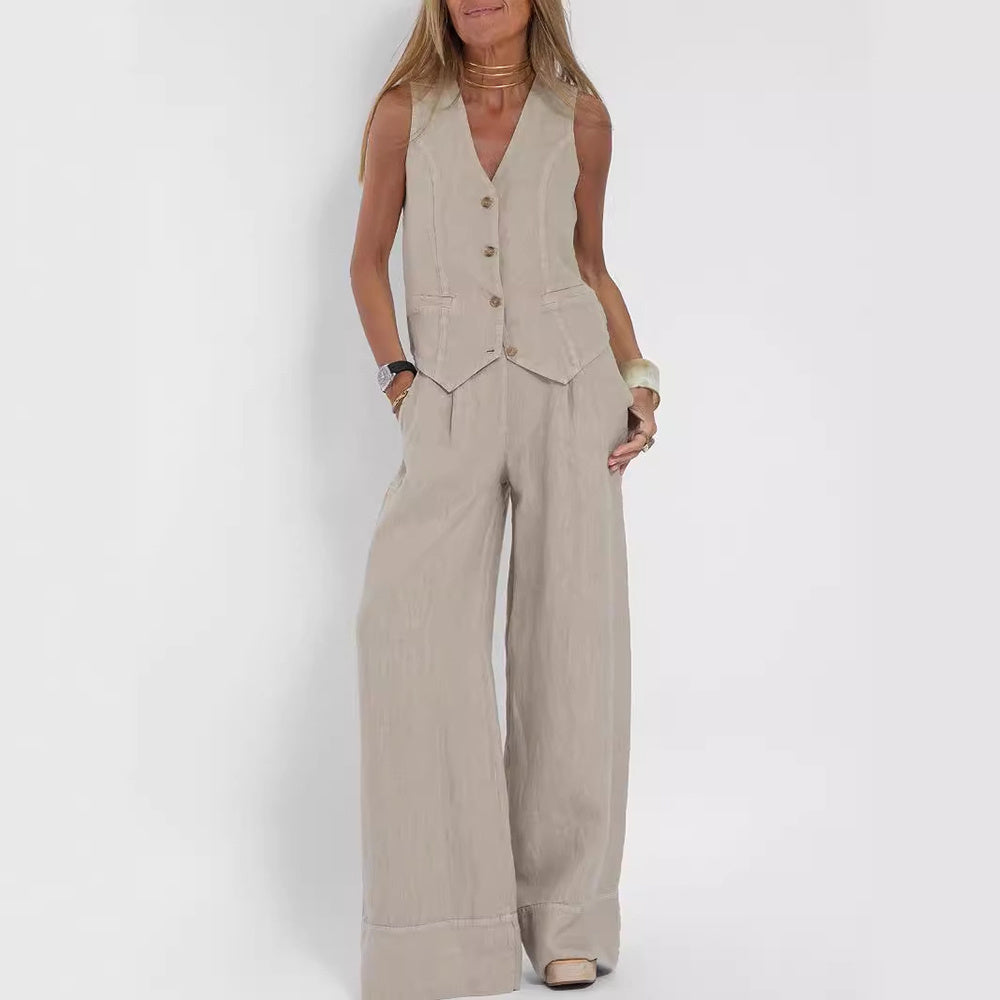 Summer Vest Suits V-neck Botton Sleeveless Top And Loose Straight Trousers Casual Womens Clothing-World Bazaar Life