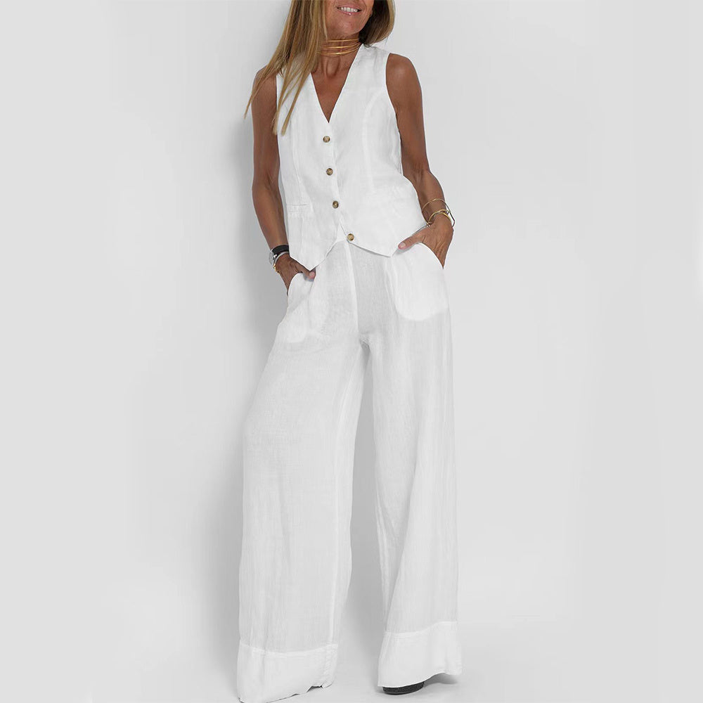 Summer Vest Suits V-neck Botton Sleeveless Top And Loose Straight Trousers Casual Womens Clothing-World Bazaar Life