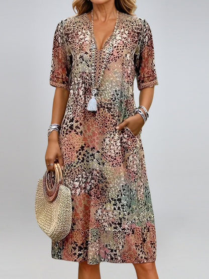 Women's Ethnic Print V-Neck Summer Dress with Pockets – Holiday Wear