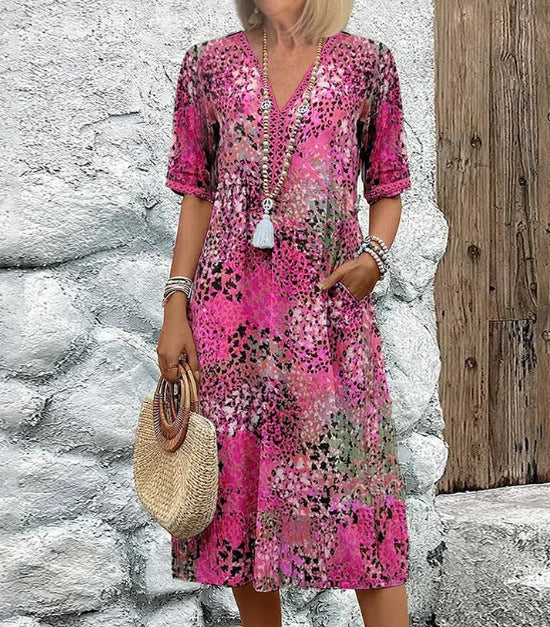 Women's Ethnic Print V-Neck Summer Dress with Pockets – Holiday Wear