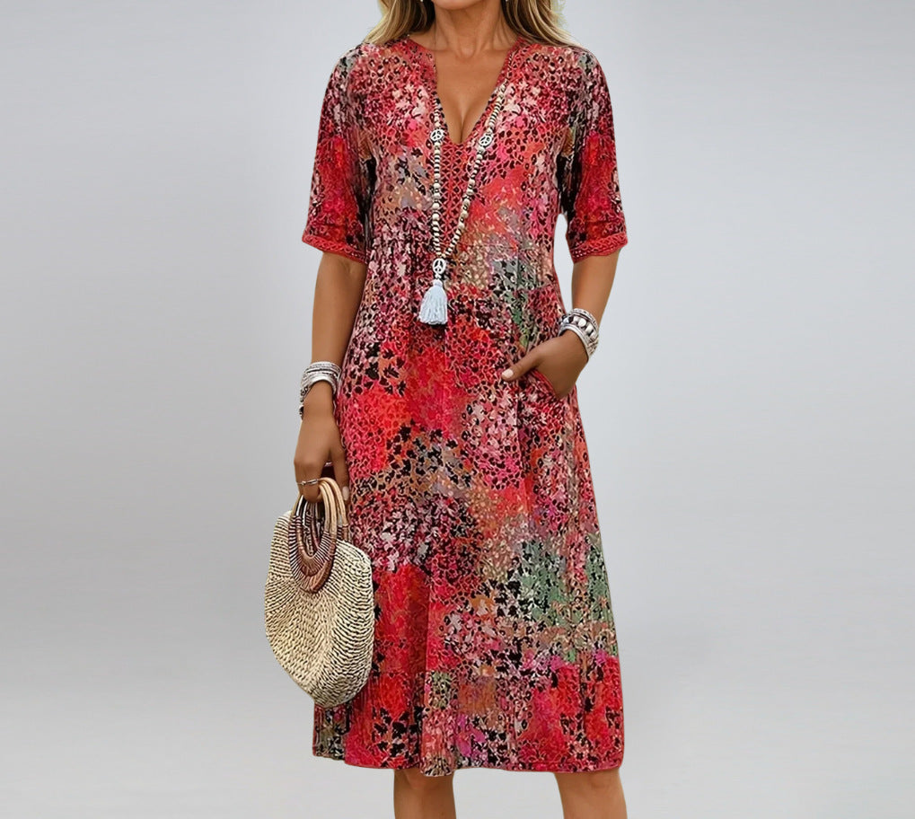 Women's Ethnic Print V-Neck Summer Dress with Pockets – Holiday Wear